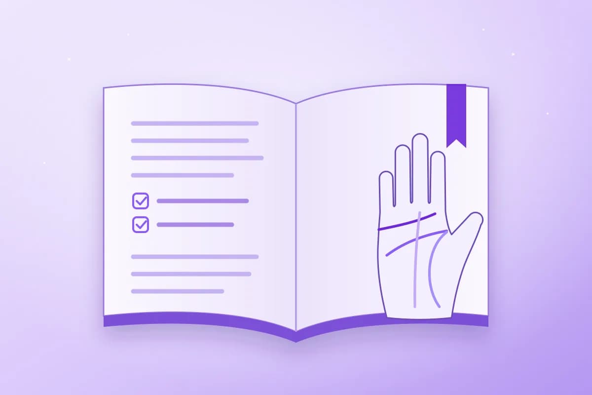 An illustration of an open book: a checklist on one page and a palm with its lines on the other.